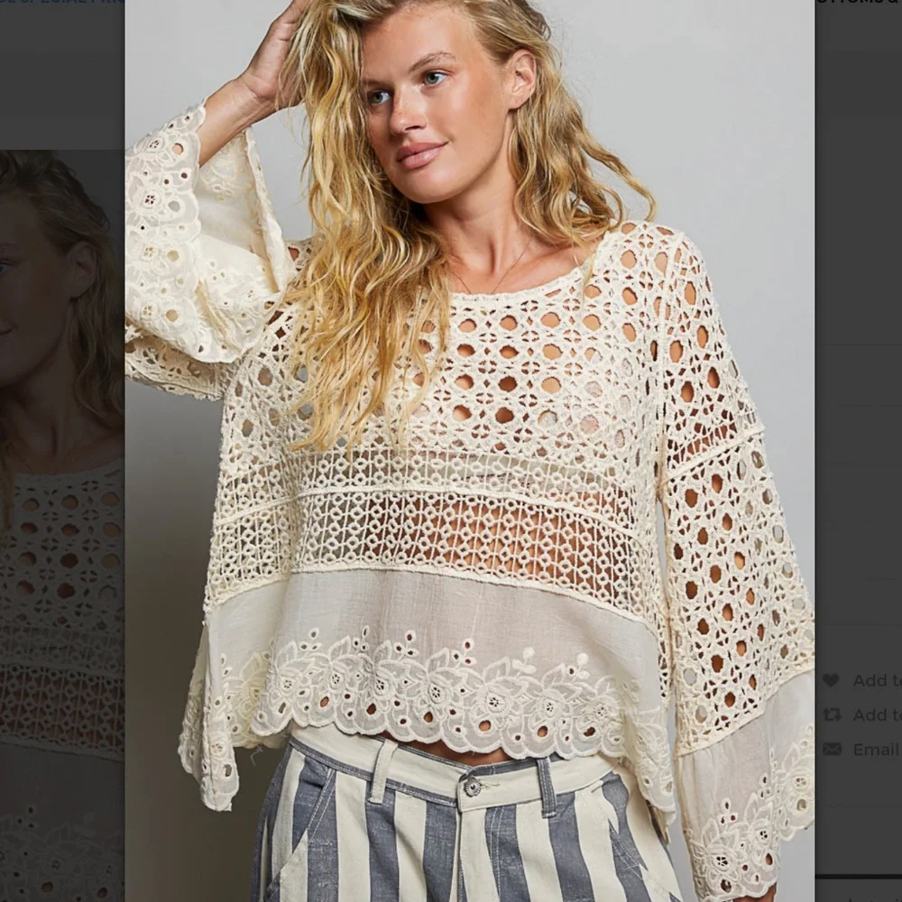 POL “ Clarice ”  POL Long Sleeve Crochet top with Eyelet Ruffle Trim Detail 29